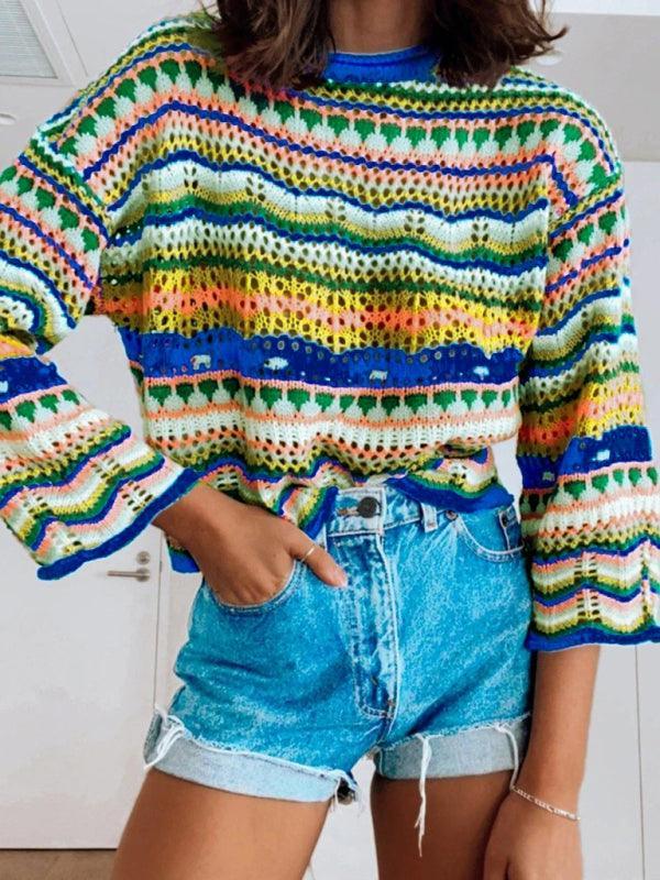 Splicing Knit Sweater Loose Intercolor Foreign Trade Round Neck Striped Sweater Women - 808Lush