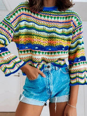Splicing Knit Sweater Loose Intercolor Foreign Trade Round Neck Striped Sweater Women - 808Lush