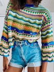 Splicing Knit Sweater Loose Intercolor Foreign Trade Round Neck Striped Sweater Women - 808Lush