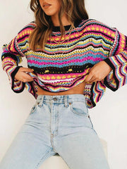Splicing Knit Sweater Loose Intercolor Foreign Trade Round Neck Striped Sweater Women - 808Lush