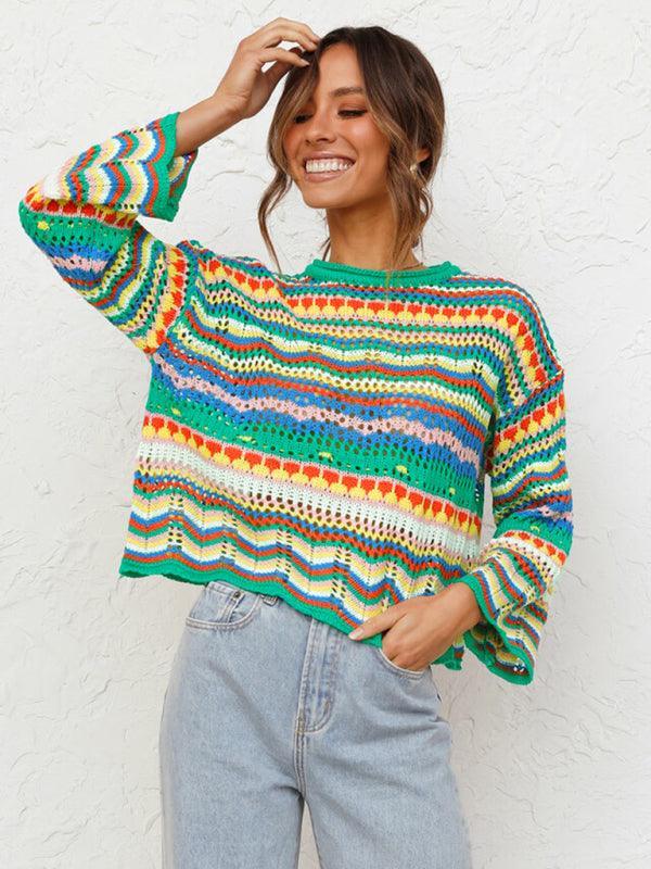 Splicing Knit Sweater Loose Intercolor Foreign Trade Round Neck Striped Sweater Women - 808Lush