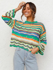 Splicing Knit Sweater Loose Intercolor Foreign Trade Round Neck Striped Sweater Women - 808Lush