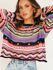 Splicing Knit Sweater Loose Intercolor Foreign Trade Round Neck Striped Sweater Women - 808Lush