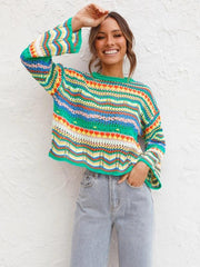 Splicing Knit Sweater Loose Intercolor Foreign Trade Round Neck Striped Sweater Women - 808Lush