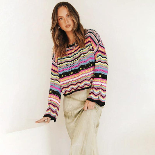 Splicing Knit Sweater Loose Intercolor Foreign Trade Round Neck Striped Sweater Women - 808Lush