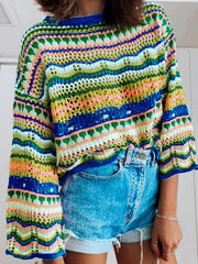 Splicing Knit Sweater Loose Intercolor Foreign Trade Round Neck Striped Sweater Women - 808Lush