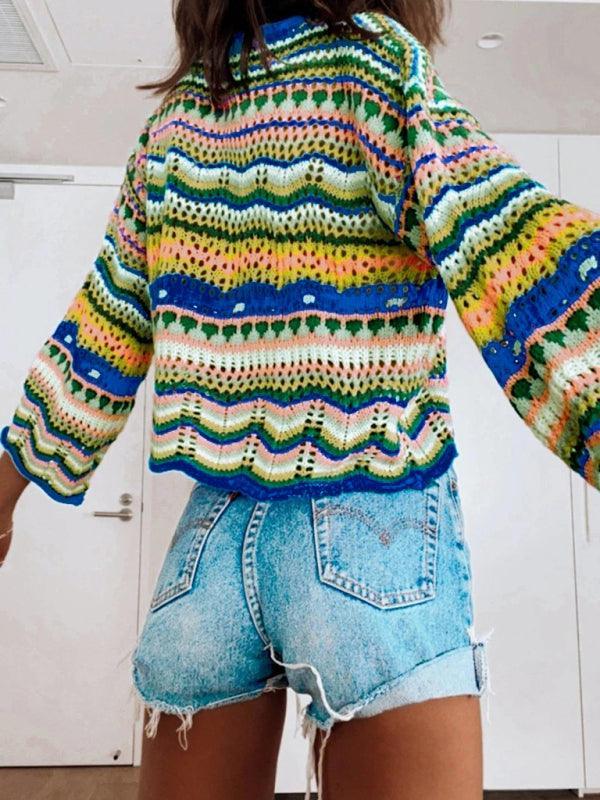 Splicing Knit Sweater Loose Intercolor Foreign Trade Round Neck Striped Sweater Women - 808Lush