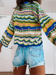 Splicing Knit Sweater Loose Intercolor Foreign Trade Round Neck Striped Sweater Women - 808Lush