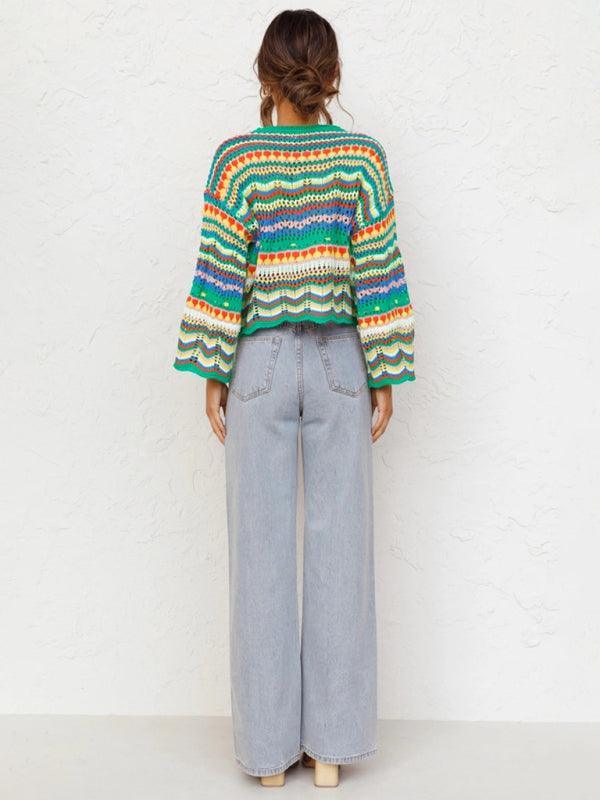 Splicing Knit Sweater Loose Intercolor Foreign Trade Round Neck Striped Sweater Women - 808Lush