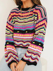 Splicing Knit Sweater Loose Intercolor Foreign Trade Round Neck Striped Sweater Women - 808Lush