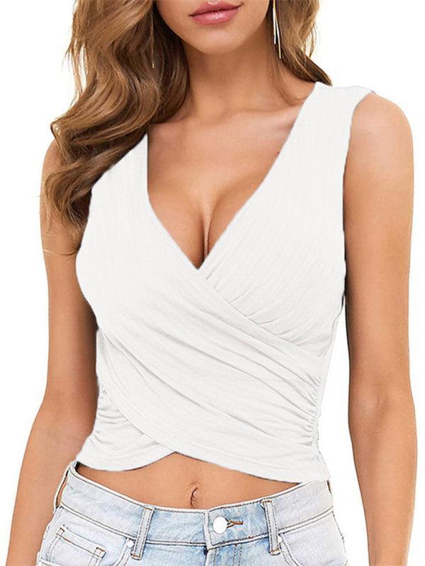 Spring Summer Ladies Top Solid Color Short Sexy Slim Cross Pleated Vest - 808Lush