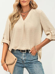 women's fashion solid color loose V-neck three-quarter sleeve top - 808Lush