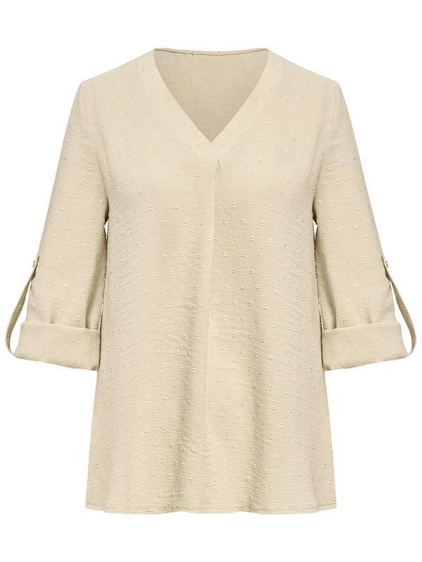 women's fashion solid color loose V-neck three-quarter sleeve top - 808Lush
