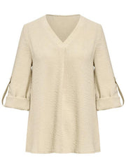 women's fashion solid color loose V-neck three-quarter sleeve top - 808Lush