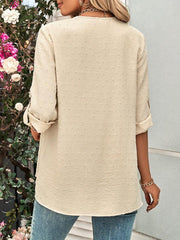 women's fashion solid color loose V-neck three-quarter sleeve top - 808Lush