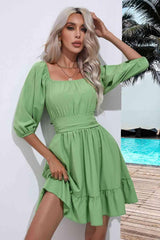 Square Neck Tie Back Ruffle Hem Dress - 808Lush