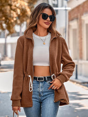 Stand collar solid color tie waist long sleeve plush jacket - 808Lush
