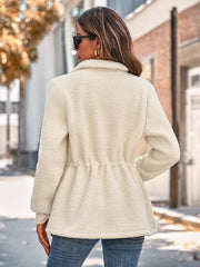 Stand collar solid color tie waist long sleeve plush jacket - 808Lush