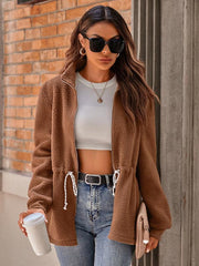 Stand collar solid color tie waist long sleeve plush jacket - 808Lush