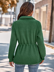 Stand collar solid color tie waist long sleeve plush jacket - 808Lush