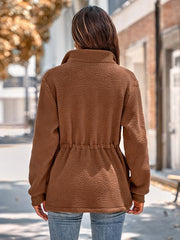 Stand collar solid color tie waist long sleeve plush jacket - 808Lush