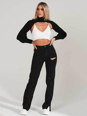 Straight-leg mopping trousers ripped ankle slit flared jeans - 808Lush