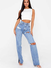 Straight-leg mopping trousers ripped ankle slit flared jeans - 808Lush