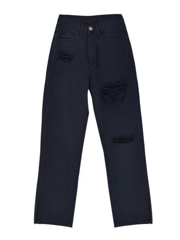 Straight-leg mopping trousers ripped ankle slit flared jeans - 808Lush