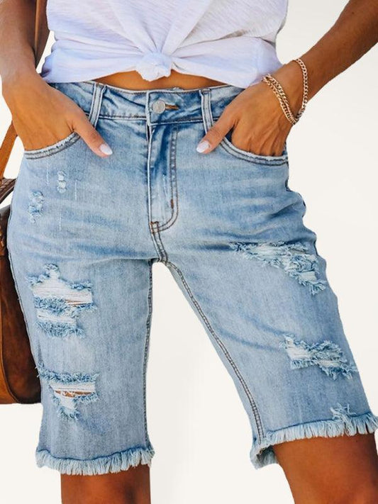 Street fringe high elastic pencil pants mid-rise cropped pants ripped jeans - 808Lush