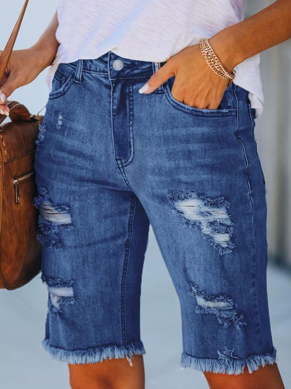 Street fringe high elastic pencil pants mid-rise cropped pants ripped jeans - 808Lush
