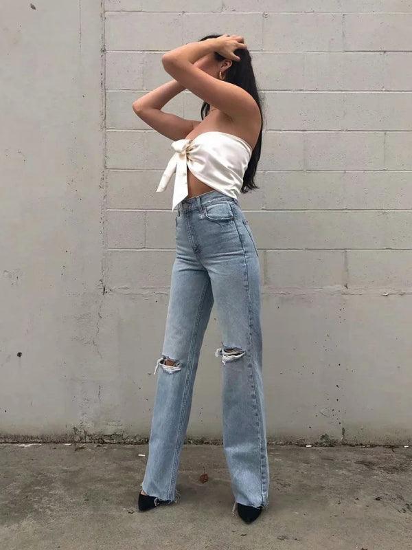 Street loose jeans, ripped raw edge straight pants, floor mopping pants - 808Lush