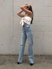 Street loose jeans, ripped raw edge straight pants, floor mopping pants - 808Lush