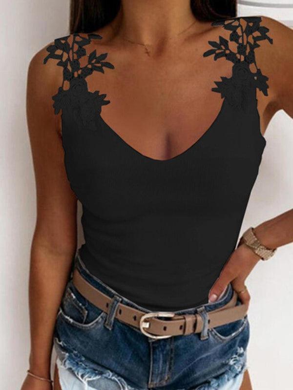 Summer U-neck solid color lace top vest - 808Lush