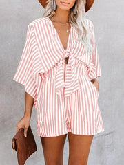 Summer slim waist striped jumpsuit deep V trumpet sleeve three-pointer - 808Lush