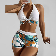 Swimsuit Women's Split High Waist Boxer Ties Printed Solid Color Stitching Bikini - 808Lush