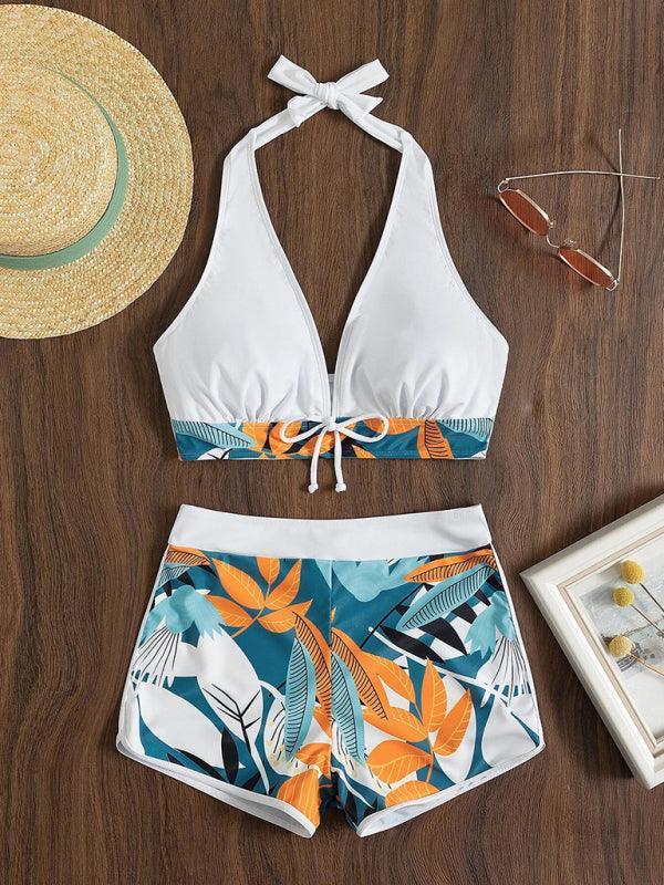 Swimsuit Women's Split High Waist Boxer Ties Printed Solid Color Stitching Bikini - 808Lush