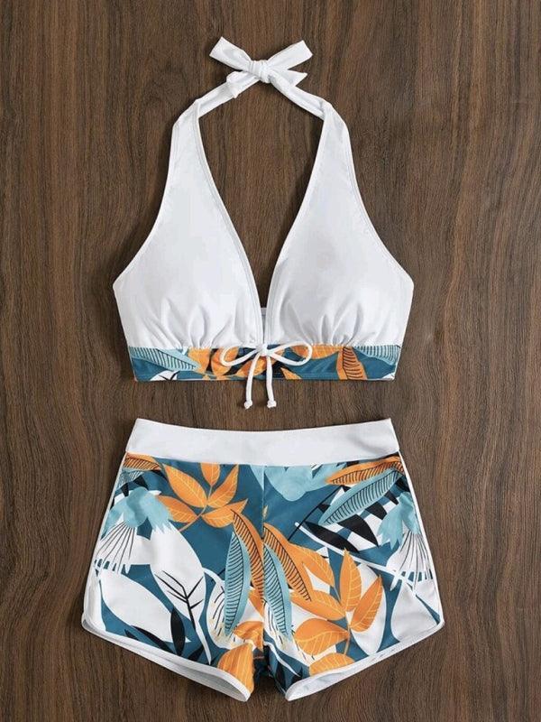 Swimsuit Women's Split High Waist Boxer Ties Printed Solid Color Stitching Bikini - 808Lush