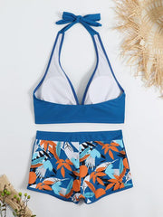 Swimsuit Women's Split High Waist Boxer Ties Printed Solid Color Stitching Bikini - 808Lush