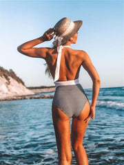 Swimsuit women's one-piece halter sexy color-block belly-covering bikini swimsuit - 808Lush