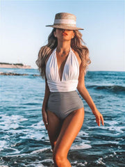 Swimsuit women's one-piece halter sexy color-block belly-covering bikini swimsuit - 808Lush