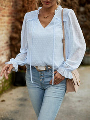 Temperament and elegant v-neck knotted long-sleeved top blouse - 808Lush