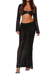 Tie long sleeve hip-hugging casual knitted maxi skirt suit - 808Lush