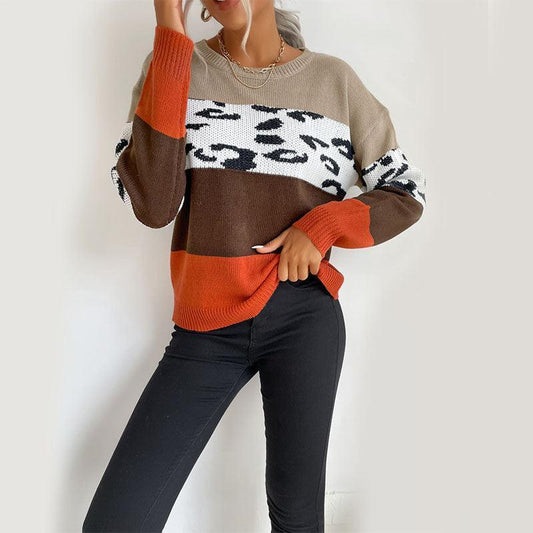 Top Leopard Print Colorblock Long Sleeve Sweater - 808Lush