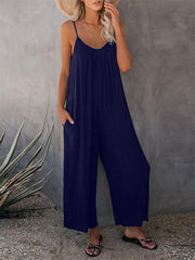 Trousers solid color side pocket loose casual suspender jumpsuit - 808Lush