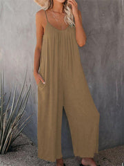 Trousers solid color side pocket loose casual suspender jumpsuit - 808Lush
