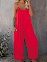Trousers solid color side pocket loose casual suspender jumpsuit - 808Lush