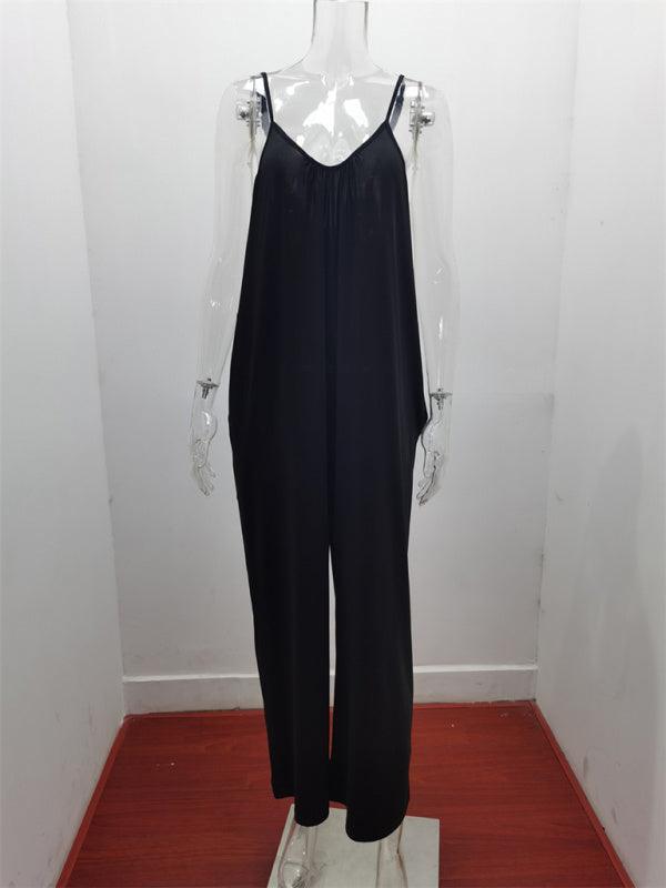 Trousers solid color side pocket loose casual suspender jumpsuit - 808Lush