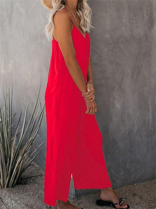 Trousers solid color side pocket loose casual suspender jumpsuit - 808Lush