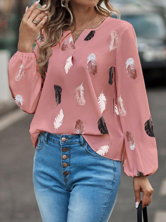 V Neck Feather Print Long Sleeve Oversized T-Shirt Shirt - 808Lush