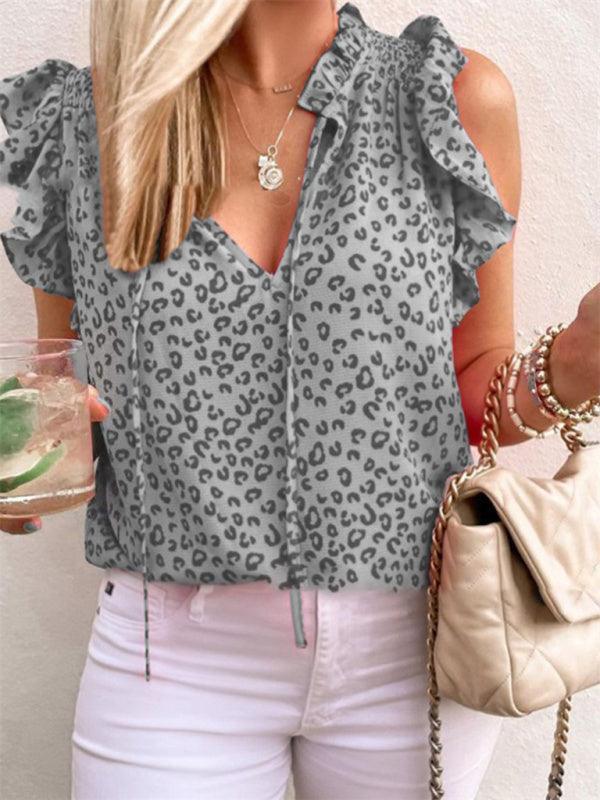 V Neck Leopard Print Short Sleeve Amazon T-Shirt Tank Top - 808Lush